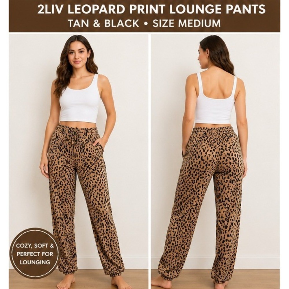2LIV Leopard Print Joggers Women Medium Cozy Loungewear Animal Print Soft Knit